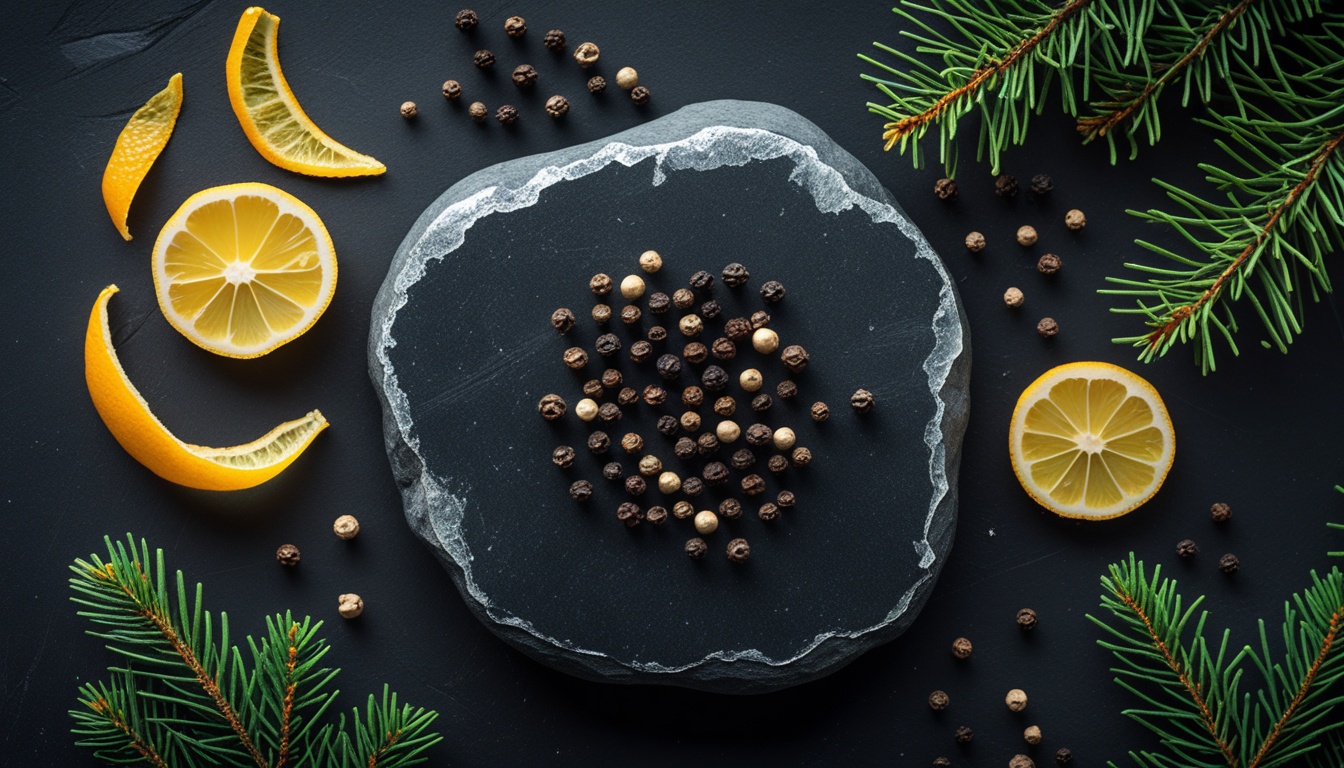 Citrus peel, peppercorns, and evergreen needles for a terpene guide